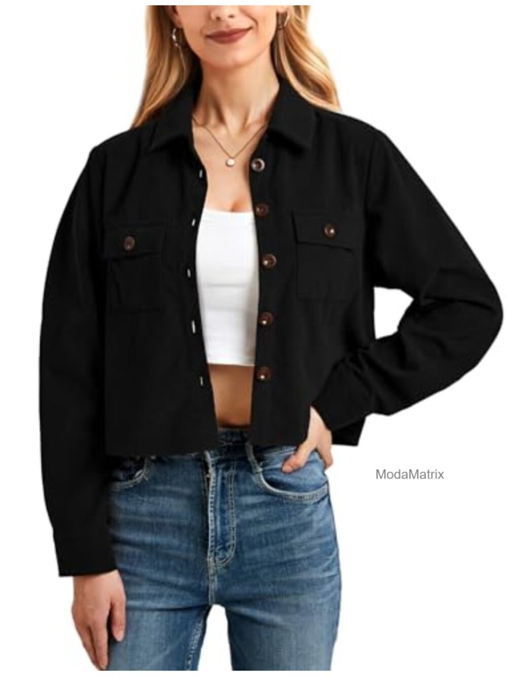 Cropped Corduroy Shacket Button Down Long Sleeve Lightweight Jacket